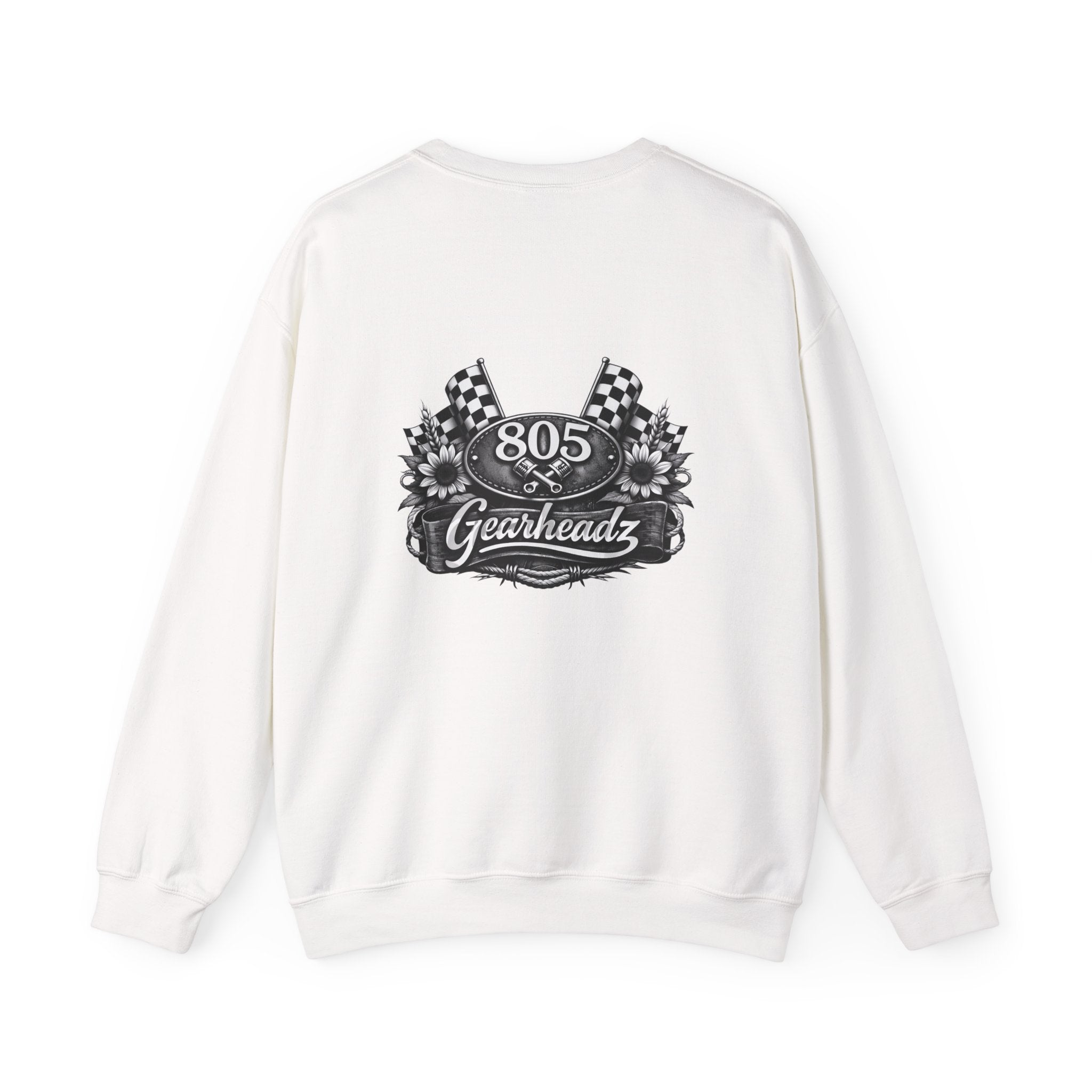 805 Gearhead Crewneck Sweatshirt — Vintage Racing Flag & Sunflower Automotive Design