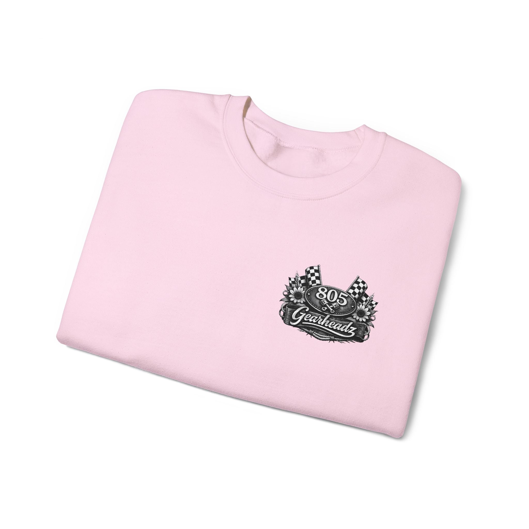 805 Gearhead Crewneck Sweatshirt — Vintage Racing Flag & Sunflower Automotive Design