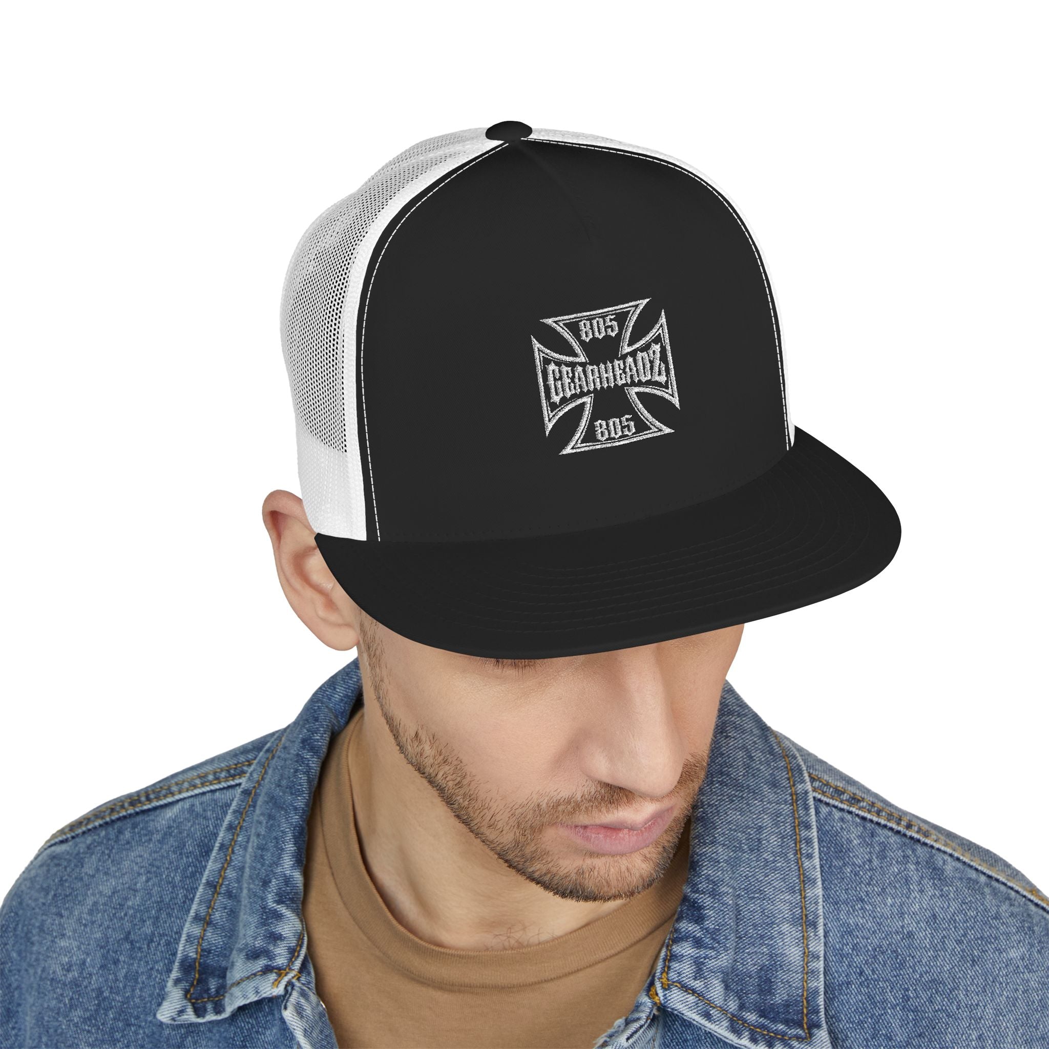Embroidered Iron Cross Trucker Cap — Vintage Biker Mesh Hat