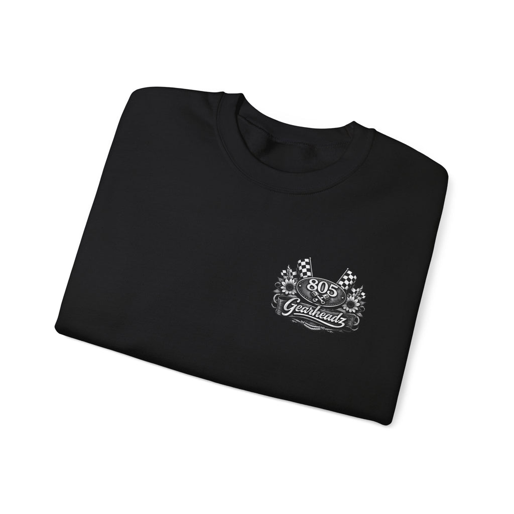805 Gearhead Crewneck Sweatshirt — Vintage Racing Flag & Sunflower Automotive Design