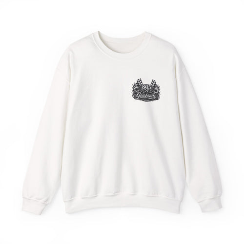 805 Gearhead Crewneck Sweatshirt — Vintage Racing Flag & Sunflower Automotive Design