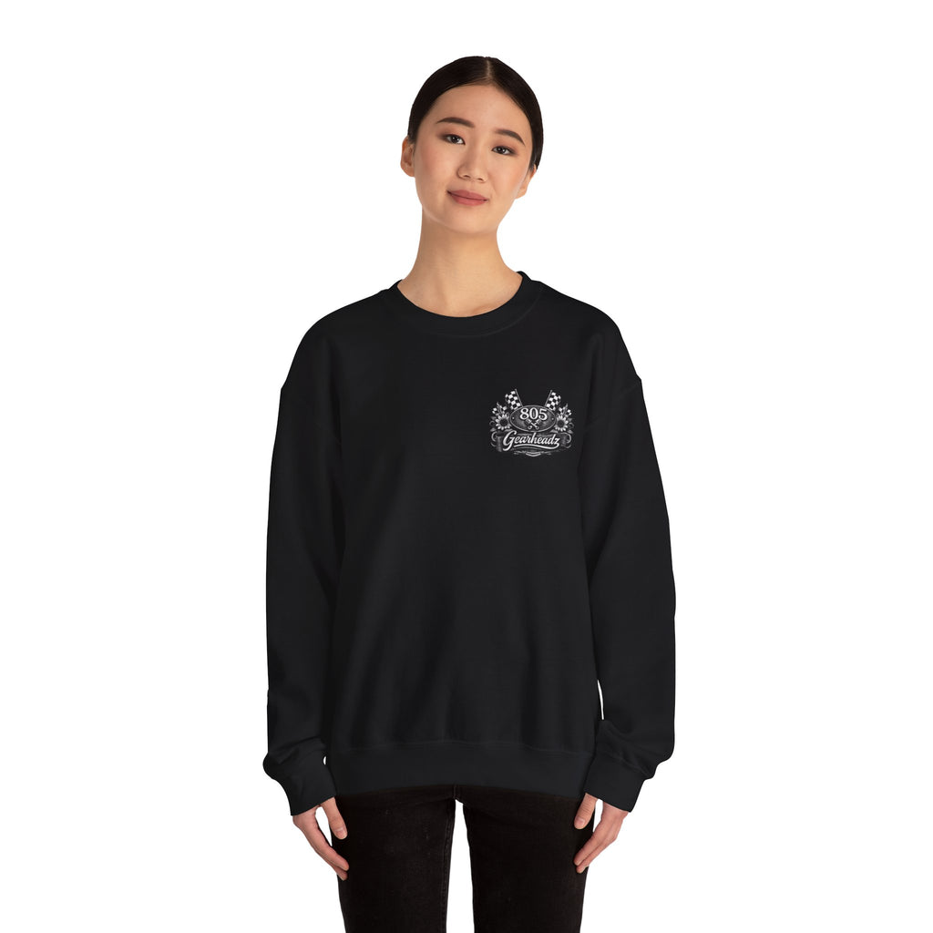 805 Gearhead Crewneck Sweatshirt — Vintage Racing Flag & Sunflower Automotive Design