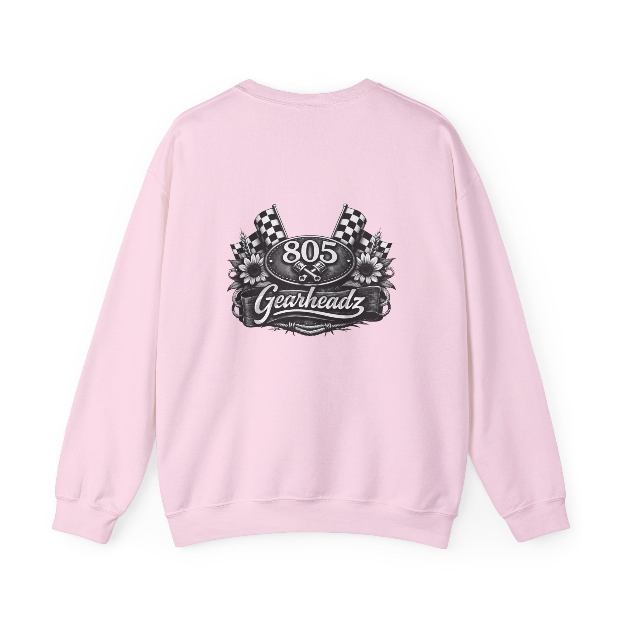 805 Gearhead Crewneck Sweatshirt — Vintage Racing Flag & Sunflower Automotive Design