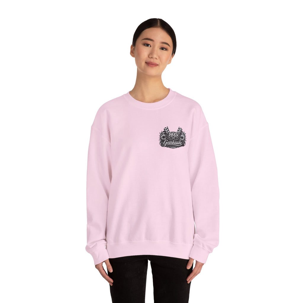 805 Gearhead Crewneck Sweatshirt — Vintage Racing Flag & Sunflower Automotive Design