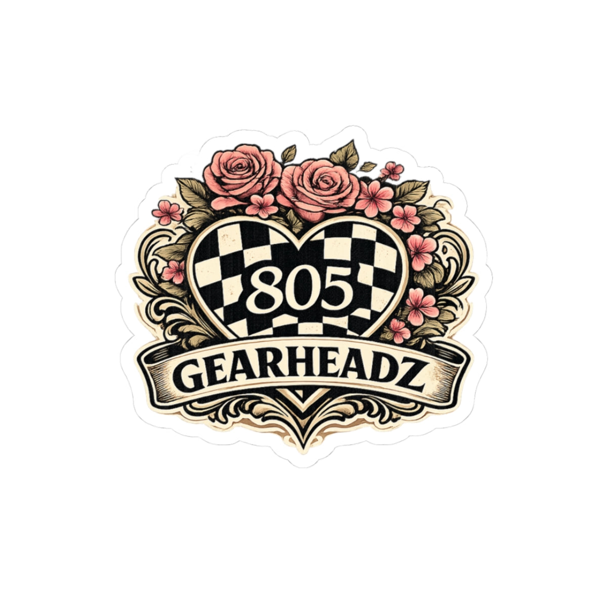 Gearheadz 805 Checker Heart Kiss-Cut Sticker — Retro Rose Automotive Decal