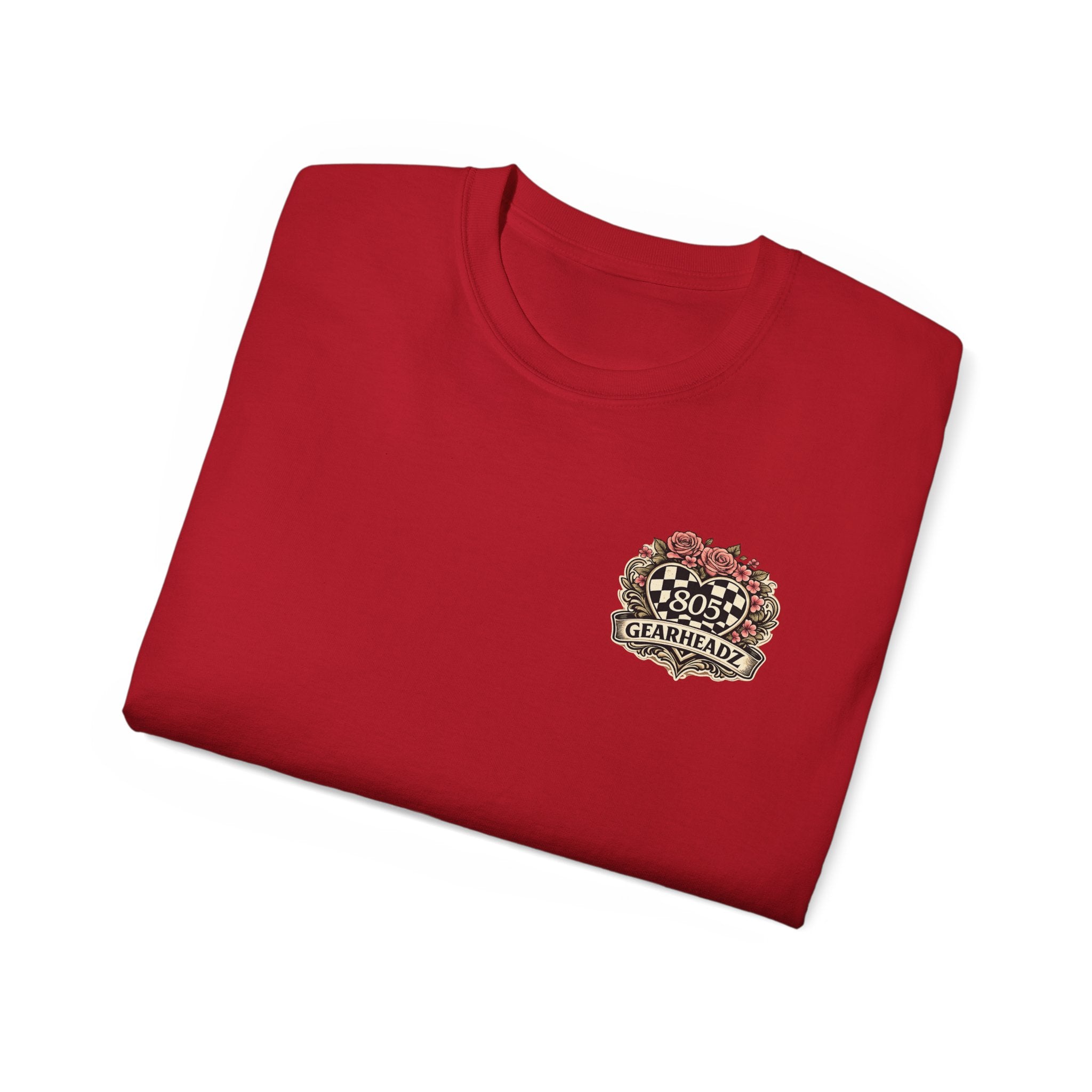 805 Gearheadz Racing Tee — Floral Checkered Crest Cotton Shirt