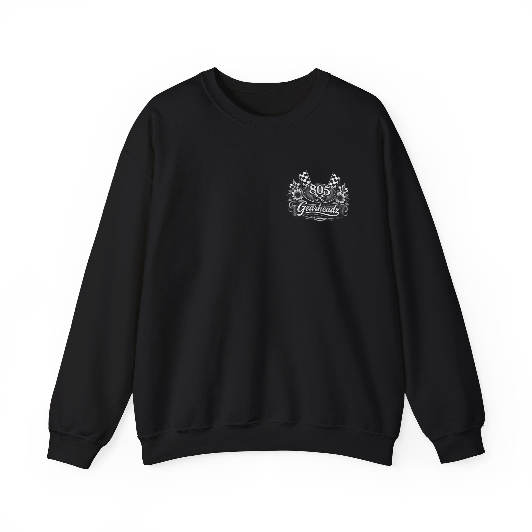 805 Gearhead Crewneck Sweatshirt — Vintage Racing Flag & Sunflower Automotive Design