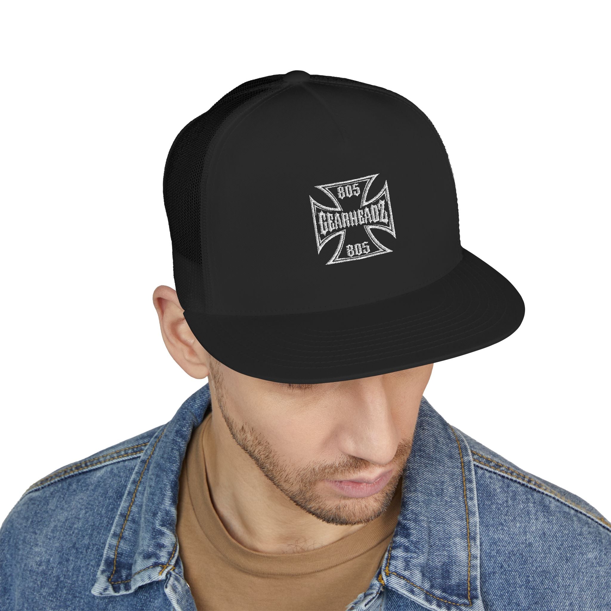 Embroidered Iron Cross Trucker Cap — Vintage Biker Mesh Hat