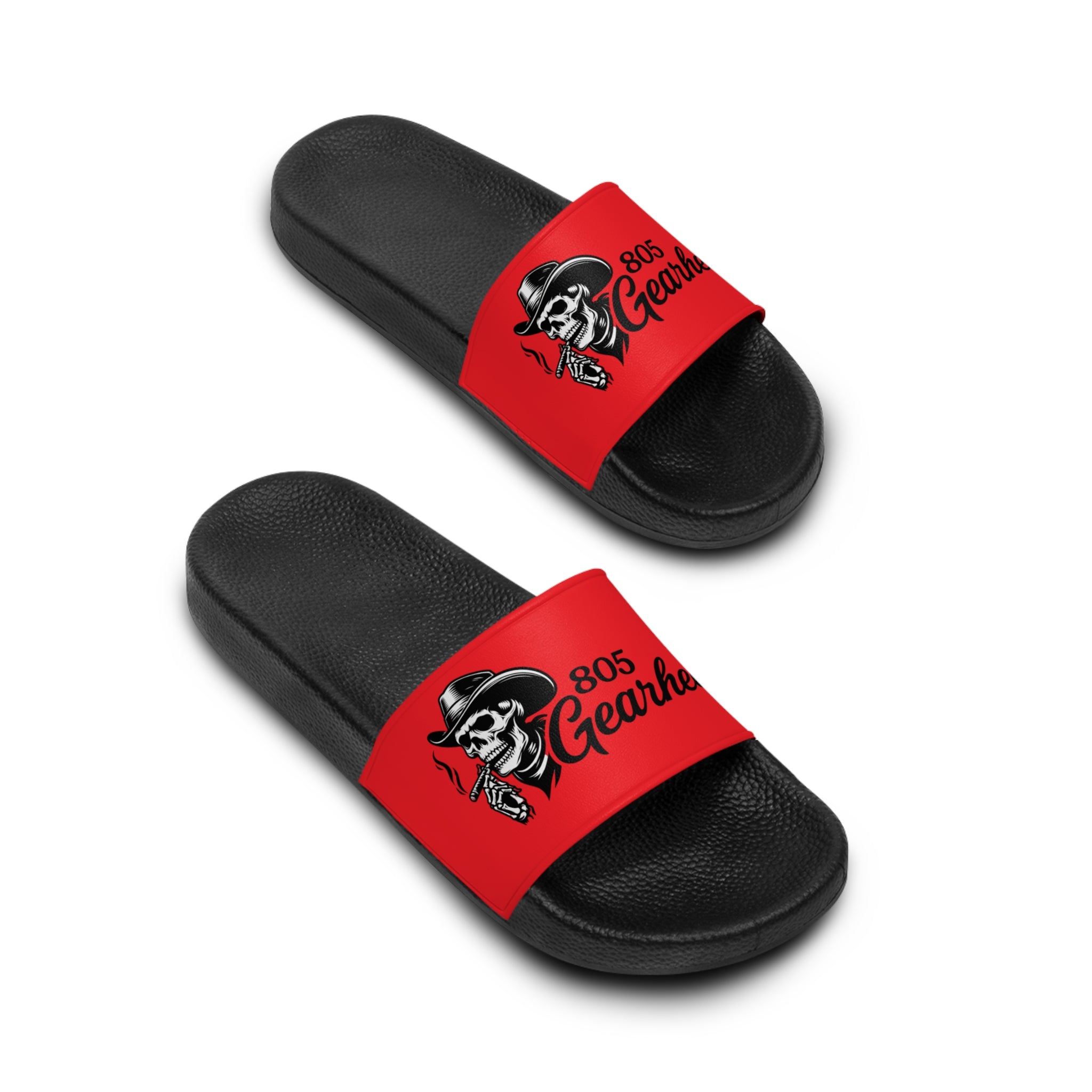 Men's Red Slide Sandals with '805 Gearheads' Skull & Hat Logo