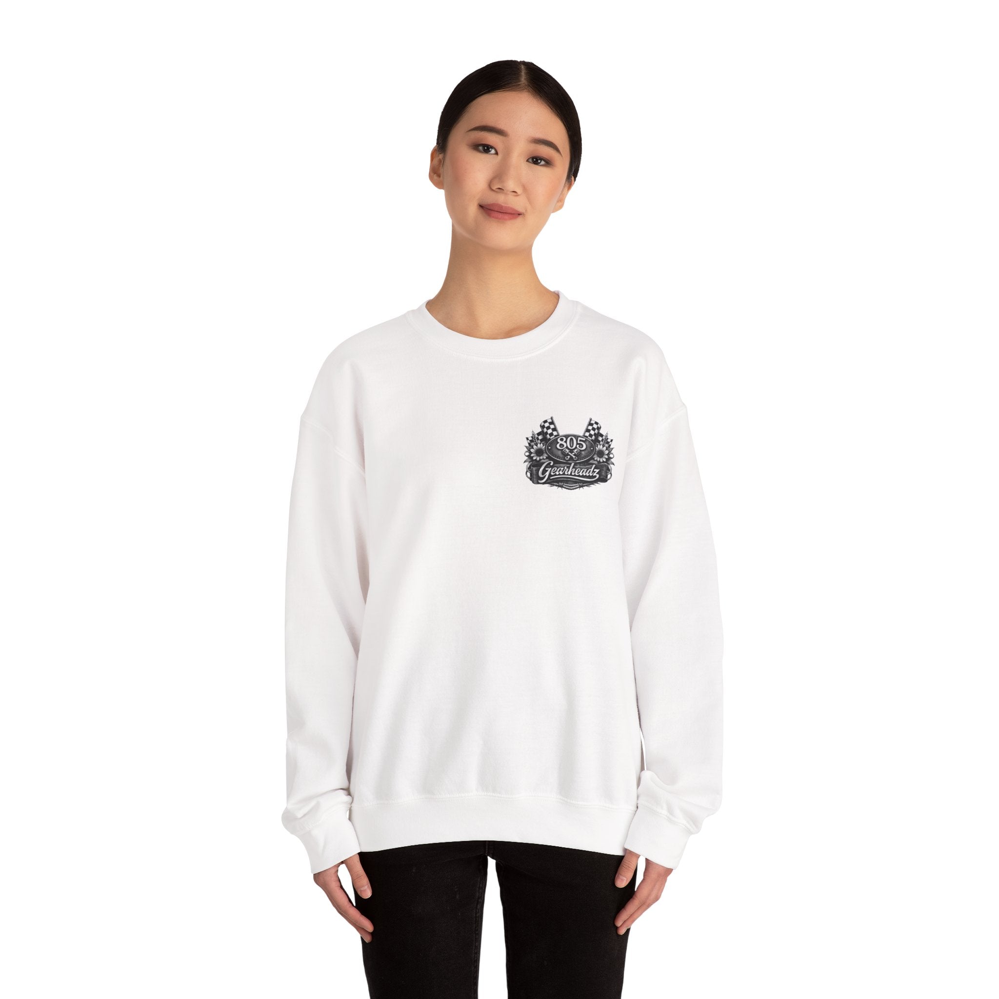 805 Gearhead Crewneck Sweatshirt — Vintage Racing Flag & Sunflower Automotive Design