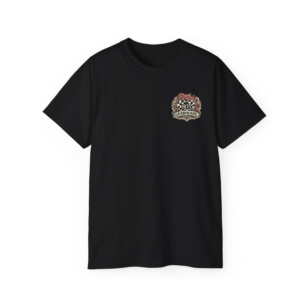 805 Gearheadz Racing Tee — Floral Checkered Crest Cotton Shirt