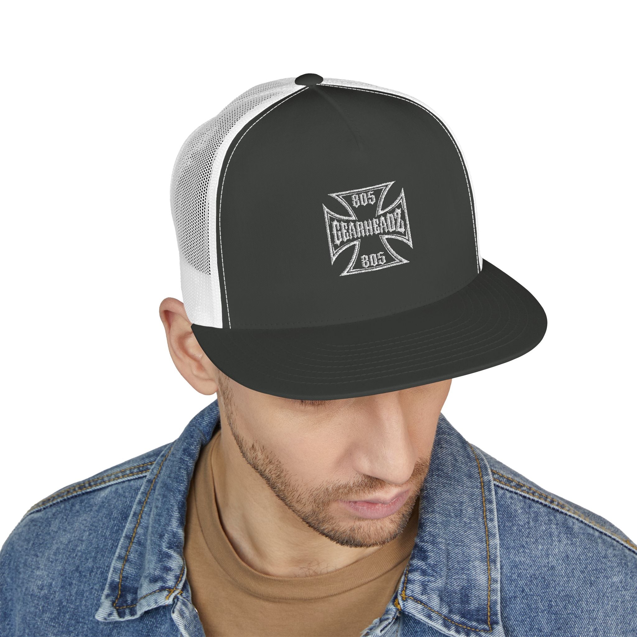 Embroidered Iron Cross Trucker Cap — Vintage Biker Mesh Hat