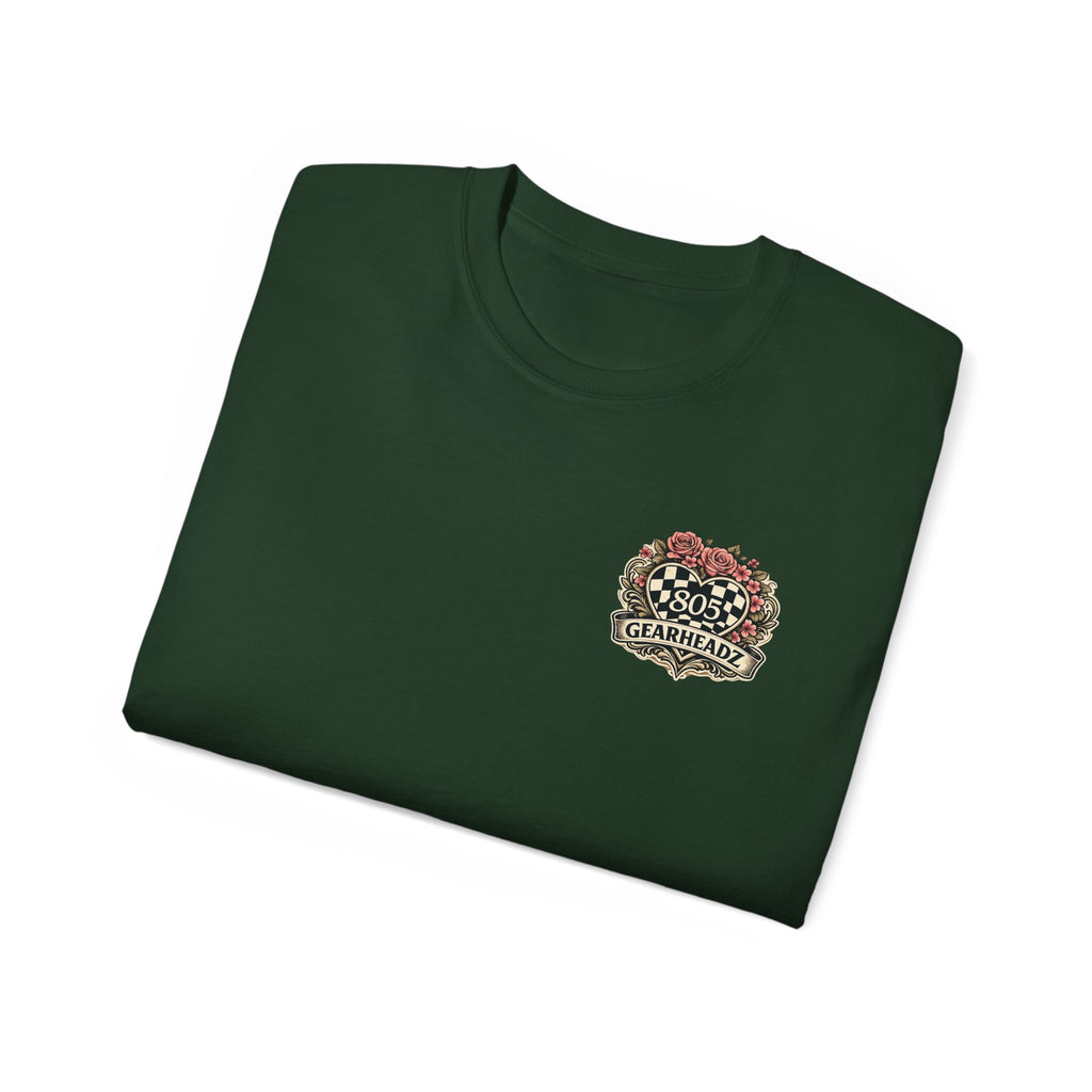 805 Gearheadz Racing Tee — Floral Checkered Crest Cotton Shirt