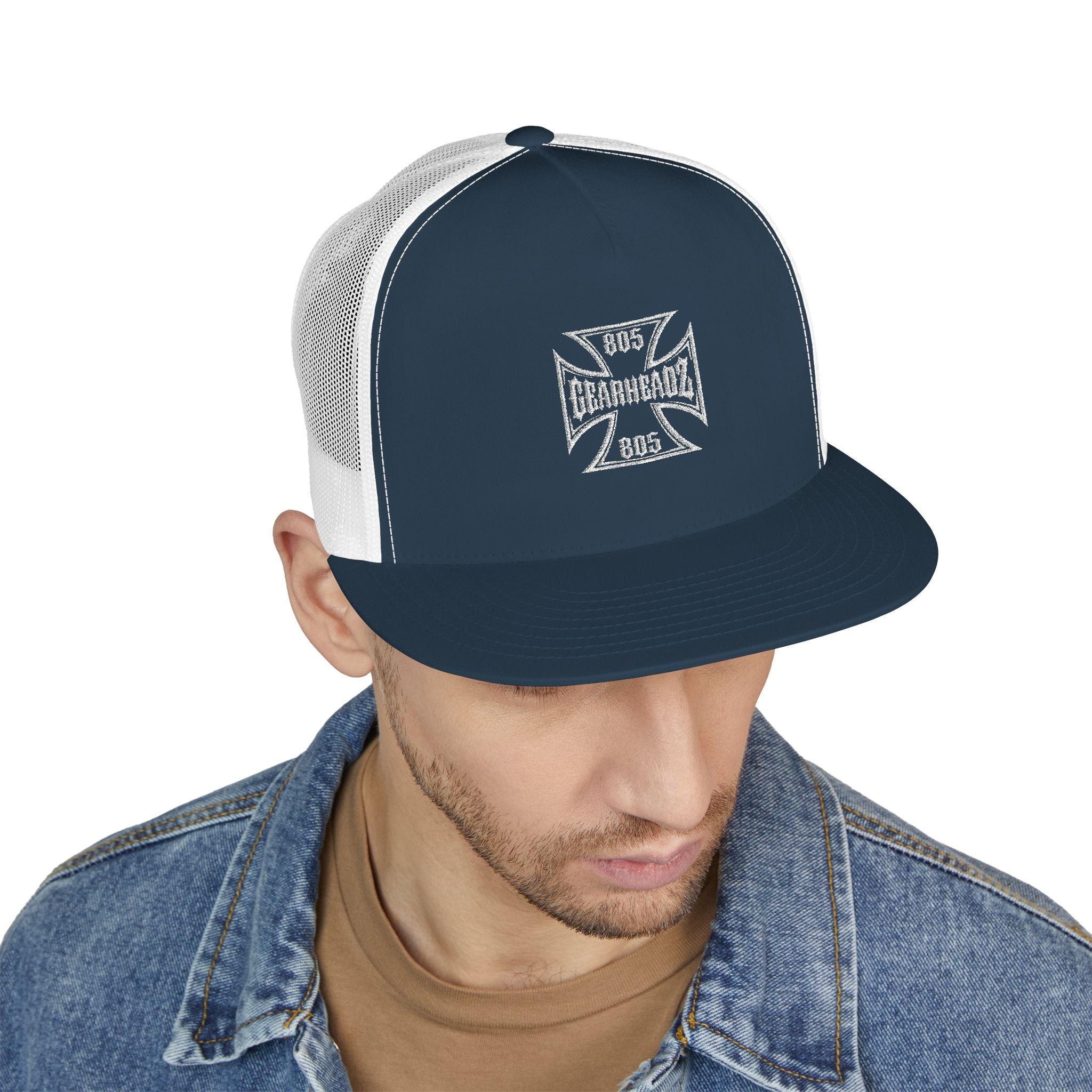 Embroidered Iron Cross Trucker Cap — Vintage Biker Mesh Hat