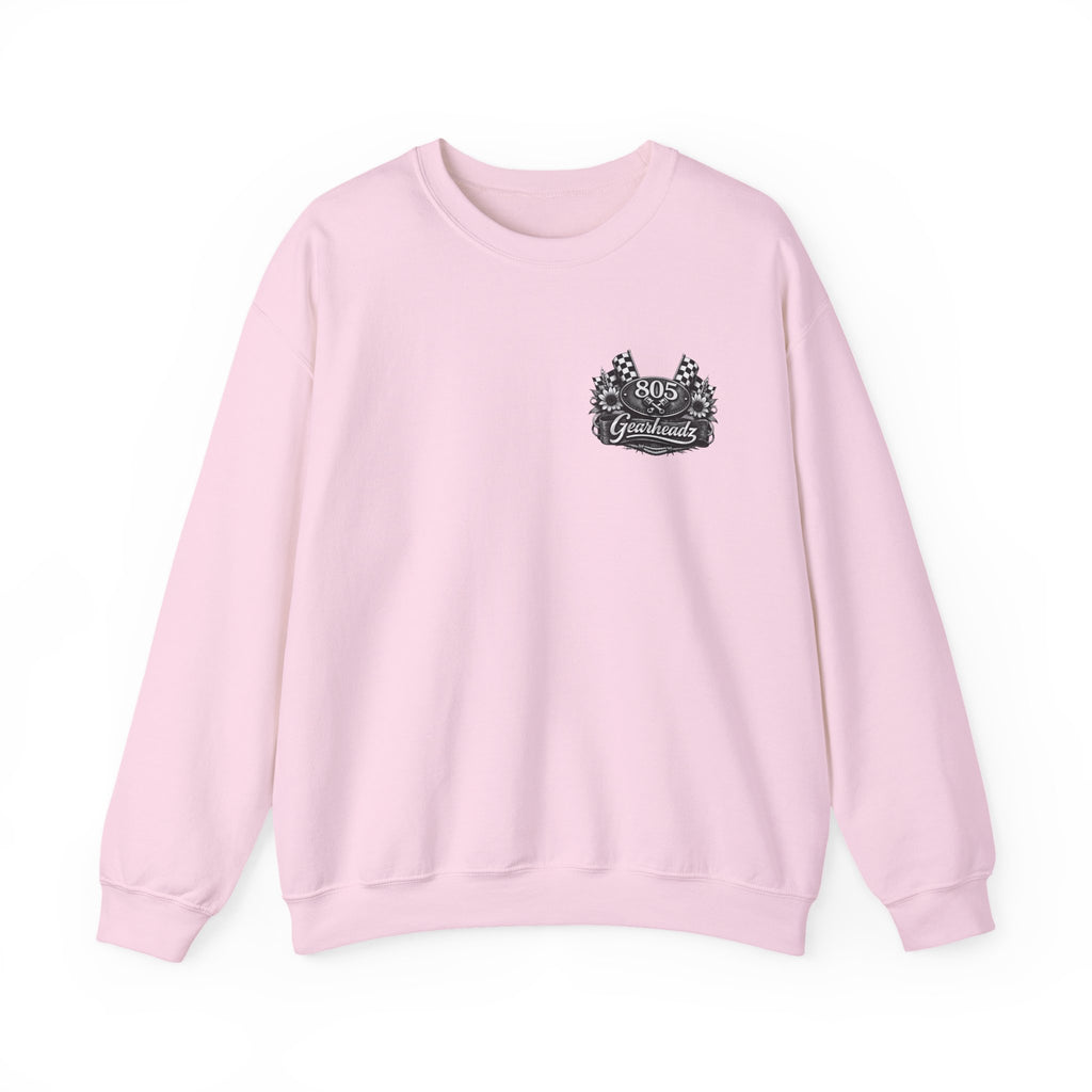 805 Gearhead Crewneck Sweatshirt — Vintage Racing Flag & Sunflower Automotive Design